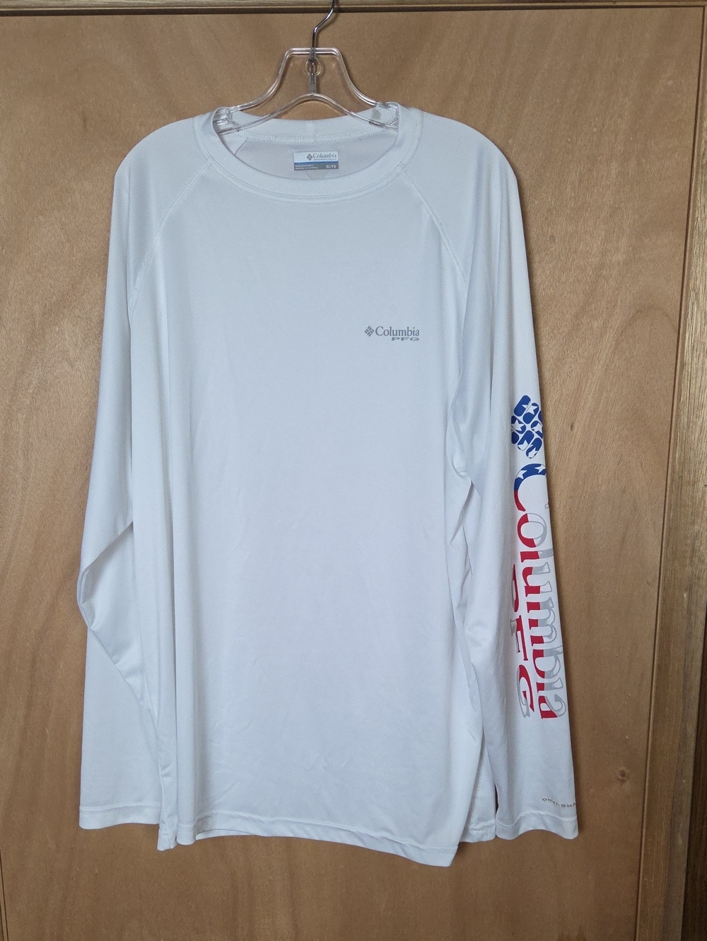 Columbia PFG White Long Sleeve Graphic Logo Shirt with Red & Blue Sleeve Print